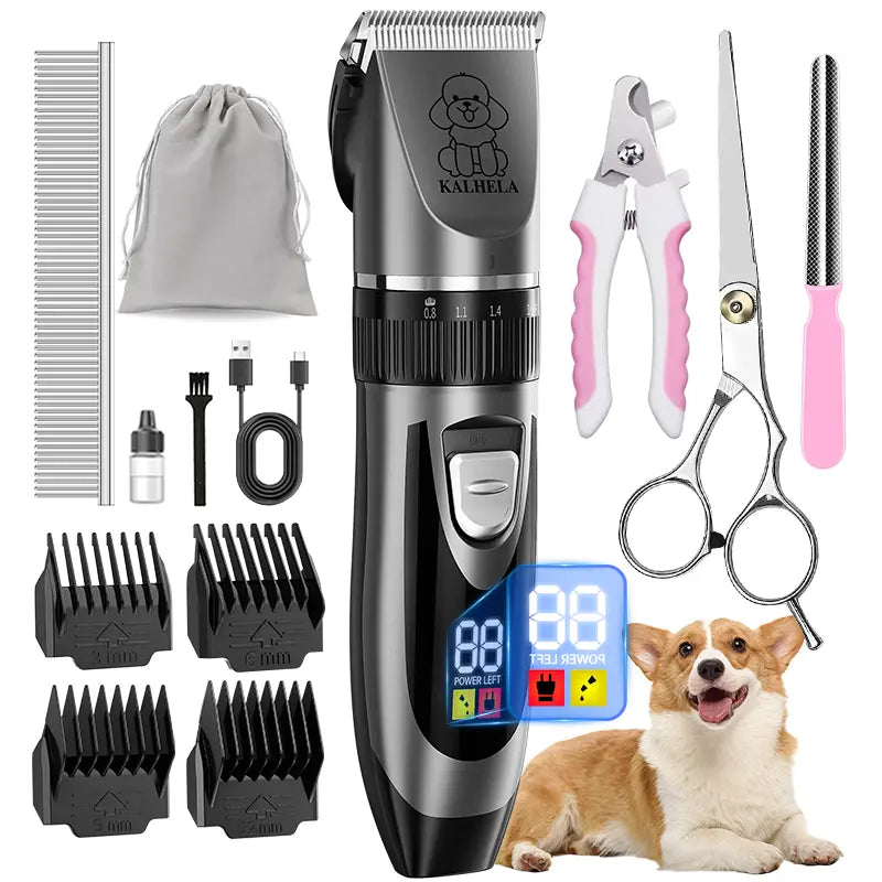 KALHELA Rechargeable Cordless Dog Clippers - Low Noise, Low Vibration, LCD Digital Display Grooming Kit with Deodorant Plastic Combs, Universal Pet Hair Trimmer for Dogs, Rabbits (Small & Large), Cells