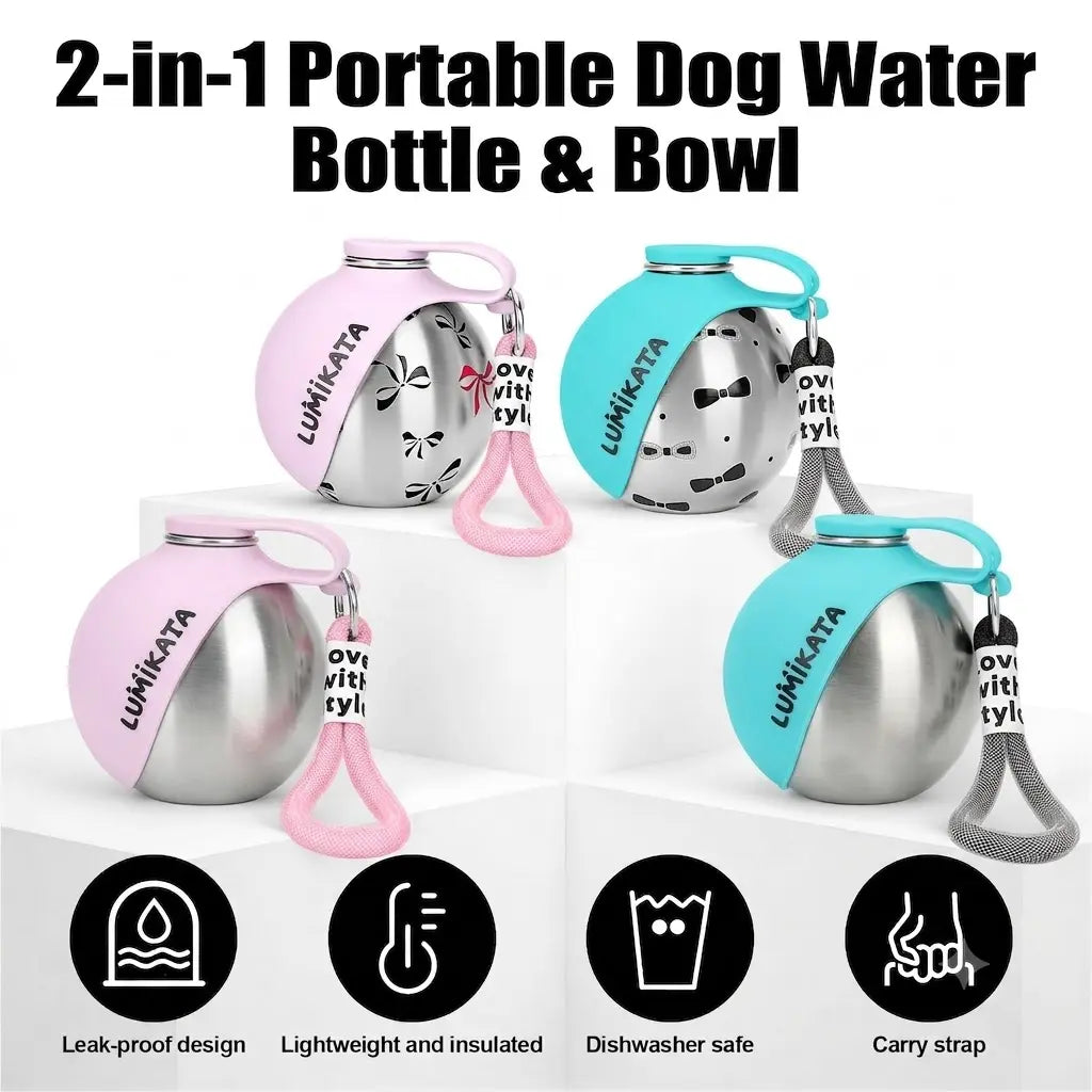 Lumikata 2-in-1 Portable Dog Water Bottle and Bowl - 10oz Stainless Steel Leak-Proof Tumbler for Outdoor Activities