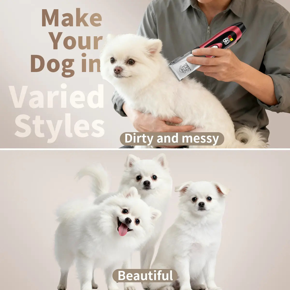 KALHELA Rechargeable Cordless Dog Clippers - Low Noise, Low Vibration, LCD Digital Display Grooming Kit with Deodorant Plastic Combs, Universal Pet Hair Trimmer for Dogs, Rabbits (Small & Large), Cells
