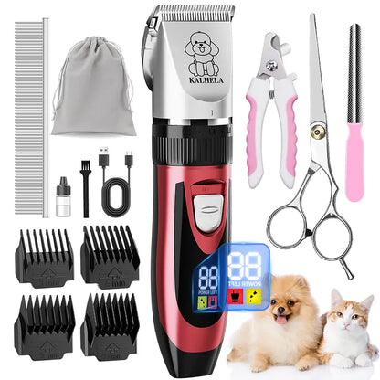 KALHELA Rechargeable Cordless Dog Clippers - Low Noise, Low Vibration, LCD Digital Display Grooming Kit with Deodorant Plastic Combs, Universal Pet Hair Trimmer for Dogs, Rabbits (Small & Large), Cells