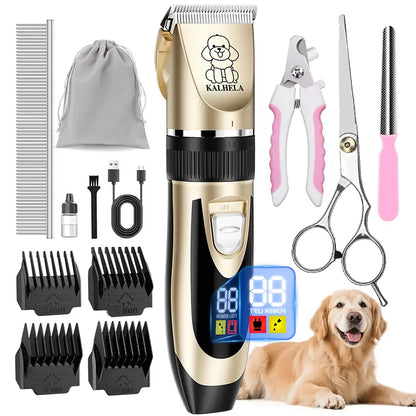 KALHELA Rechargeable Cordless Dog Clippers - Low Noise, Low Vibration, LCD Digital Display Grooming Kit with Deodorant Plastic Combs, Universal Pet Hair Trimmer for Dogs, Rabbits (Small & Large), Cells
