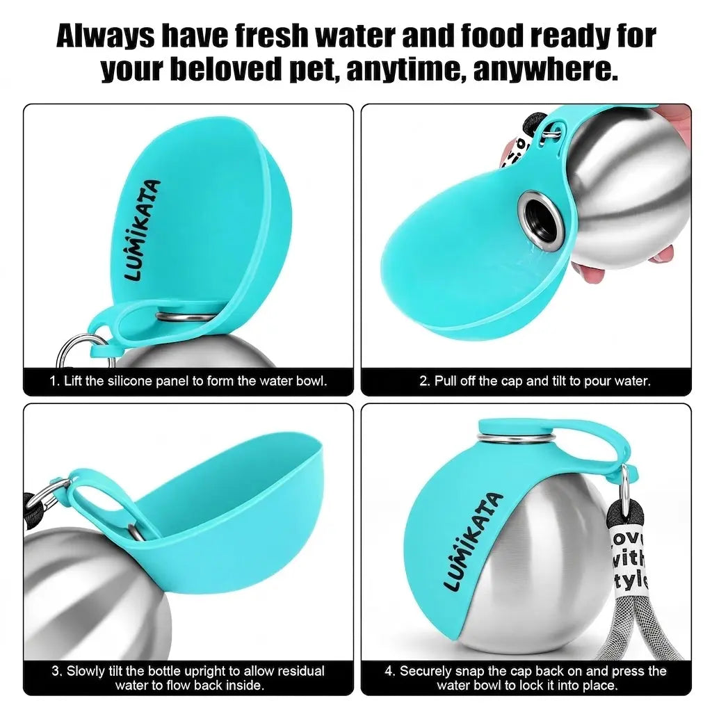 Lumikata 2-in-1 Portable Dog Water Bottle and Bowl - 10oz Stainless Steel Leak-Proof Tumbler for Outdoor Activities